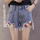 Embroidered Mesh Panel Ripped Denim Shorts