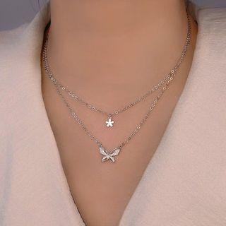 Butterfly Layered Necklace With Gift Box - 1 Pc - Silver - One Size