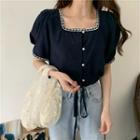 Embroidered-trim Square-neck Puff Short-sleeve Drawstring Blouse