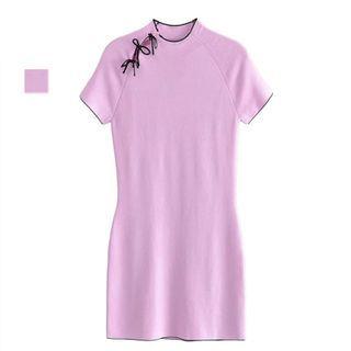 Short-sleeve Bow-accent Knit Mini Bodycon Dress
