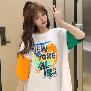 Short-sleeve Lettering Paneled Tunic T-shirt