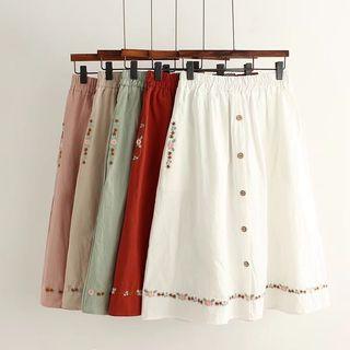 Floral Embroidered Buttoned A-line Skirt