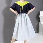 Mock Two-piece Elbow-sleeve Color Block A-line Midi Dress