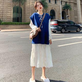 Lace-up Long-sleeve A-line Dress / Crew-neck Knit Vest