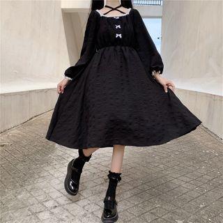 Long-sleeve Bow-accent Midi A-line Dress Black - One Size