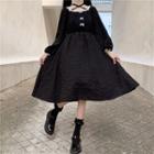 Long-sleeve Bow-accent Midi A-line Dress Black - One Size