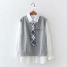 Set: Plain Shirt + Knit Vest + Neck-tie