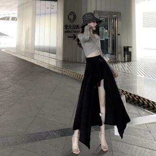 Off-shoulder Long-sleeve Crop Top / Irregular Hem Skort