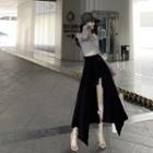 Off-shoulder Long-sleeve Crop Top / Irregular Hem Skort