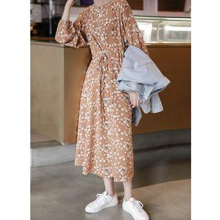 Flower Print Long-sleeve Drawstring Midi Skirt