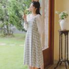 Puff-sleeve Paneled Gingham A-line Dress