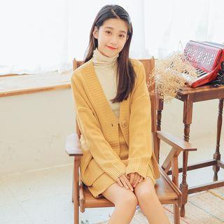 Set: Plain Cardigan + Mini Fitted Knit Skirt Yellow - One Size