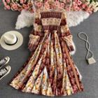 Round Neck Puff Long Sleeve Print Dress Light Brown - One Size
