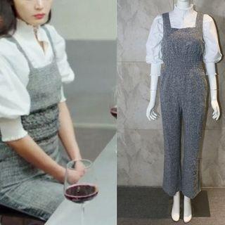 Set: Plain Lantern-sleeve Blouse+wide-leg Jumpsuit