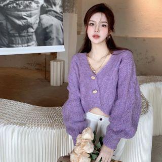 Lantern-sleeve Cable Knit Cardigan Purple - One Size