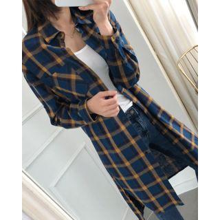 Dip-back Plaid Shirtdress Navy Blue - One Size