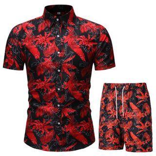Set: Short-sleeve Palm Tree Print Shirt + Shorts