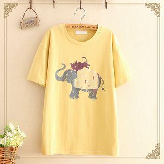 Elephant & Cat Print Short-sleeve Top