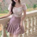 Puff-sleeve Floral Print Blouse / Pleated A-line Skirt