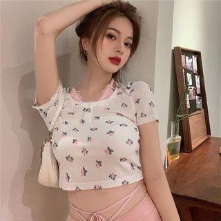Printed Mock Two Piece Short Sleeve Top / High Waist Wide-leg Pants