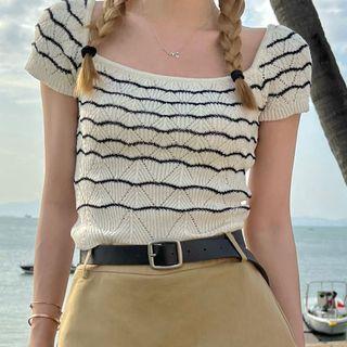 Short-sleeve Striped Knit Top Striped - Almond - One Size