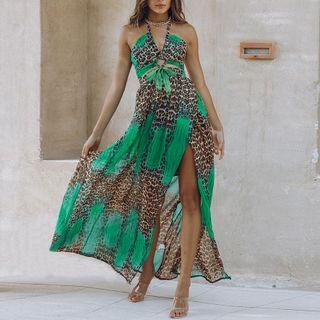 Halter Leopard Print Cutout Slit Maxi Sundress