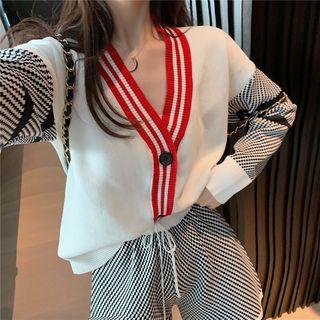 Set: V-neck Contrast Trim Paneled Cardigan + Patterned Shorts White - One Size