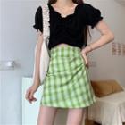 Shirred Plaid A-line Skirt