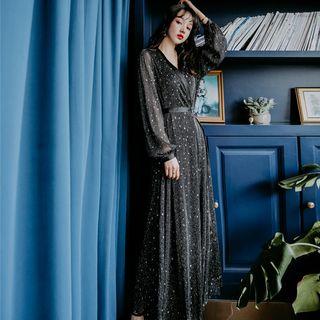 Glitter Long-sleeve A-line Maxi Dress