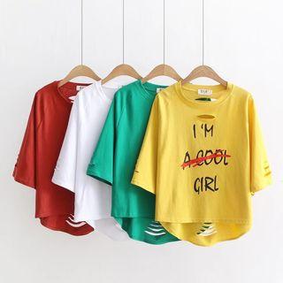 Lettering Distressed Elbow-sleeve T-shirt