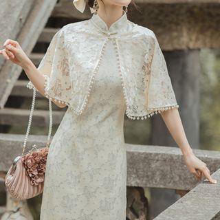 Set: Short-sleeve Lace Qipao + Light Jacket