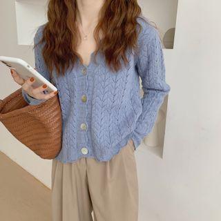 Long-sleeve Plain Perforated Cardigan