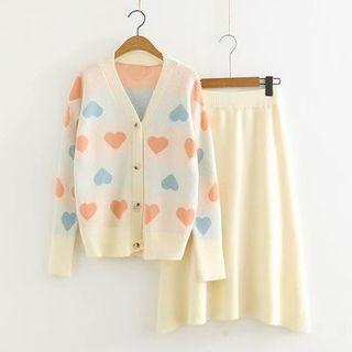 Set: Heart Jacquard Cardigan + Midi Knit Skirt