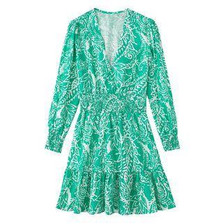 Long-sleeve V-neck Paisley Print Mini A-line Dress