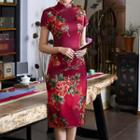 Short-sleeve Floral Print Qipao Midi Dress