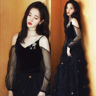 Off-shoulder Long-sleeve Mesh Tiered Dress