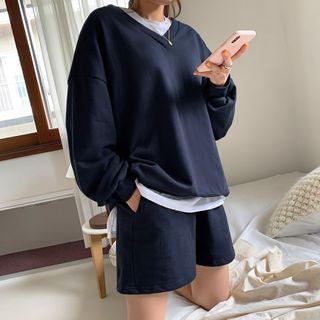 Set: V-neck Plain Pullover + Sweat Shorts