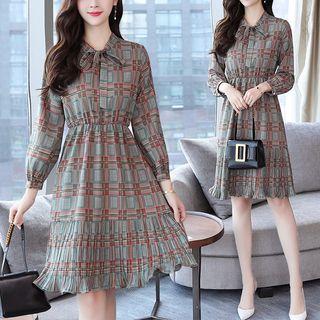 Long-sleeve Plaid Bow Neck A-line Dress