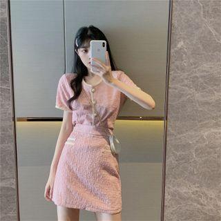 Short-sleeve Buttoned Top / Mini Skirt