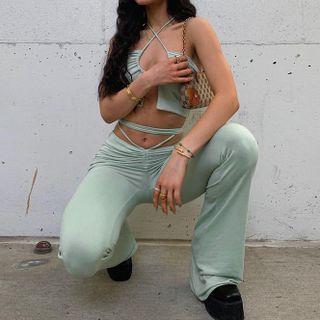 Set: Halter Neck Top + Wide-leg Pants