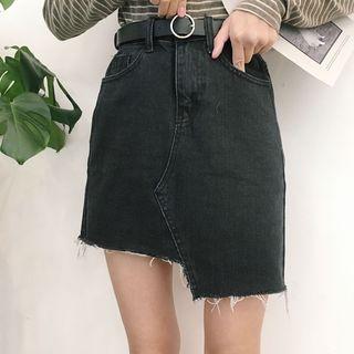 Irregular Fringed Denim Skirt