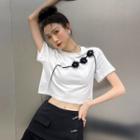 Short-sleeve Flower Applique T-shirt / Mini A-line Skirt