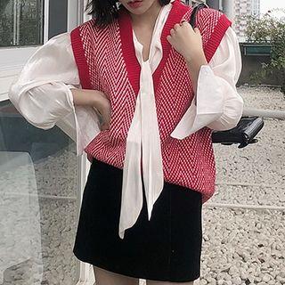 Long-sleeve Ribbon Blouse / Patterned Knit Vest