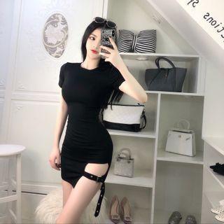 Short-sleeve Buckled Mini Bodycon Dress