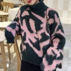 Turtleneck Leopard Patterned Furry Sweater