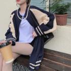 Two-tone Loose-fit Cardigan Blue & Beige - One Size