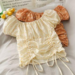 Boatneck Daisy-print Drawstring Crop Blouse