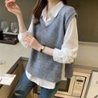 Long Sleeve Plain Shirt / V-neck Plain Knit Vest