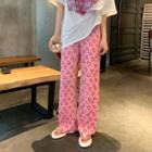 Heart Printed Ruched Loose-fit Pants Pink - One Size