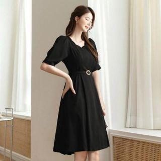 Scallop-neck Flare Dress With Belt